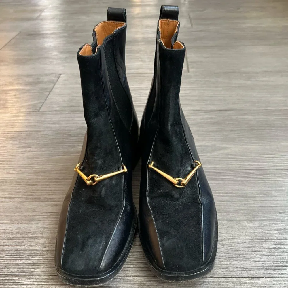 Tory Burch Equestrian Link Chelsea Boots Black Leather Suede Size W5